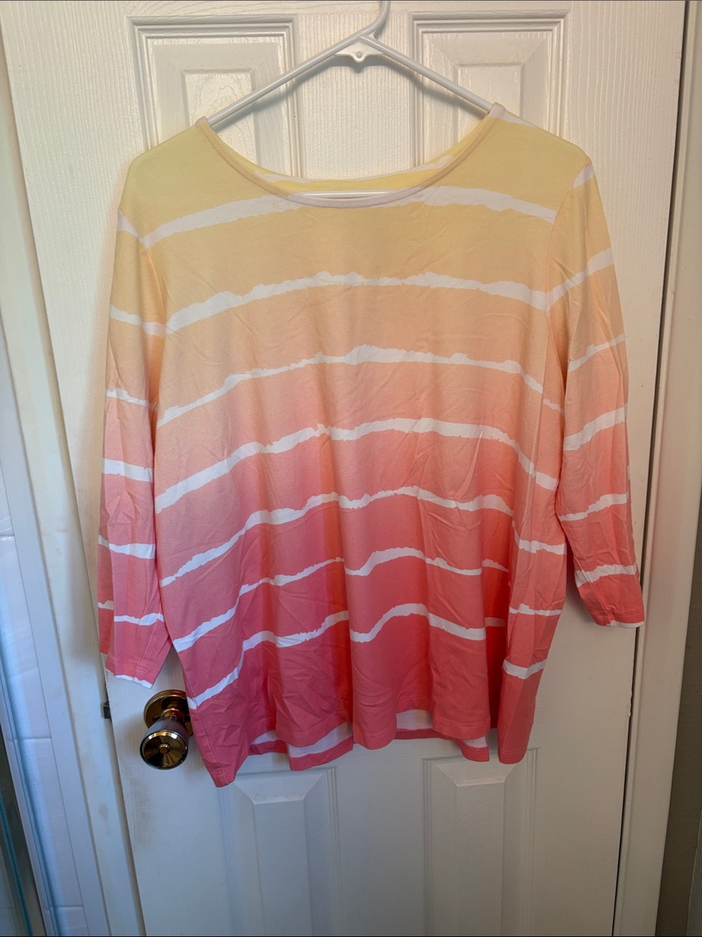 Denim & Co Americana Ombre Stripe 3/4 Sleeve Top - Pink & Peach 1X